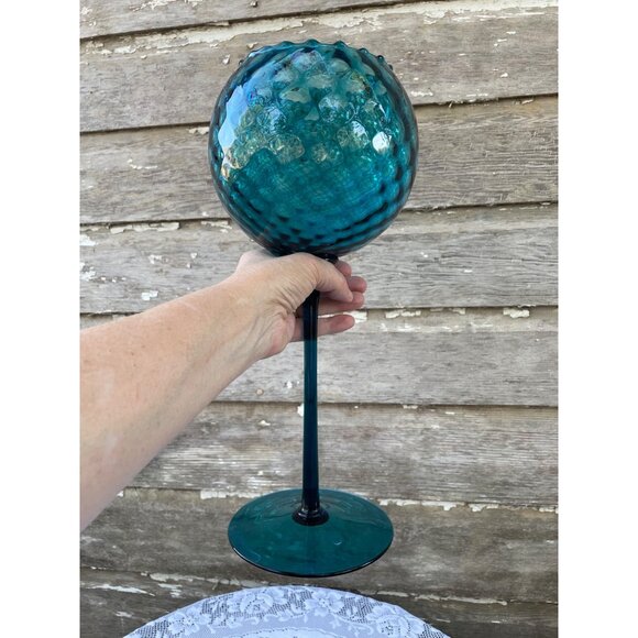 Vintage MCM Empoli Tall 14"  Turqoise Blue Glass Snifter Pedestal Vase Bowl - Picture 3 of 10